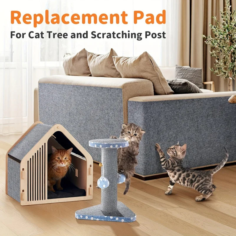 A replacement pad for a cat tree and scratching post is shown with a tabby cat interacting with the product.