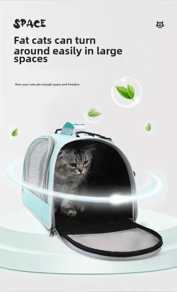 A light blue breathable pet carrier bag for a cat is shown open on a white surface.