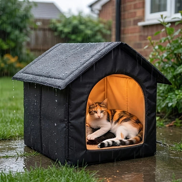 A black waterproof insulated cat house with an orange interior is sitting on wet grass.