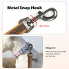 A metal snap hook is shown next to a dog wearing a harness, demonstrating how to attach the leash.