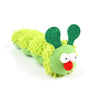 A green cat chew toy with textured fur, large ears, and a red nose.