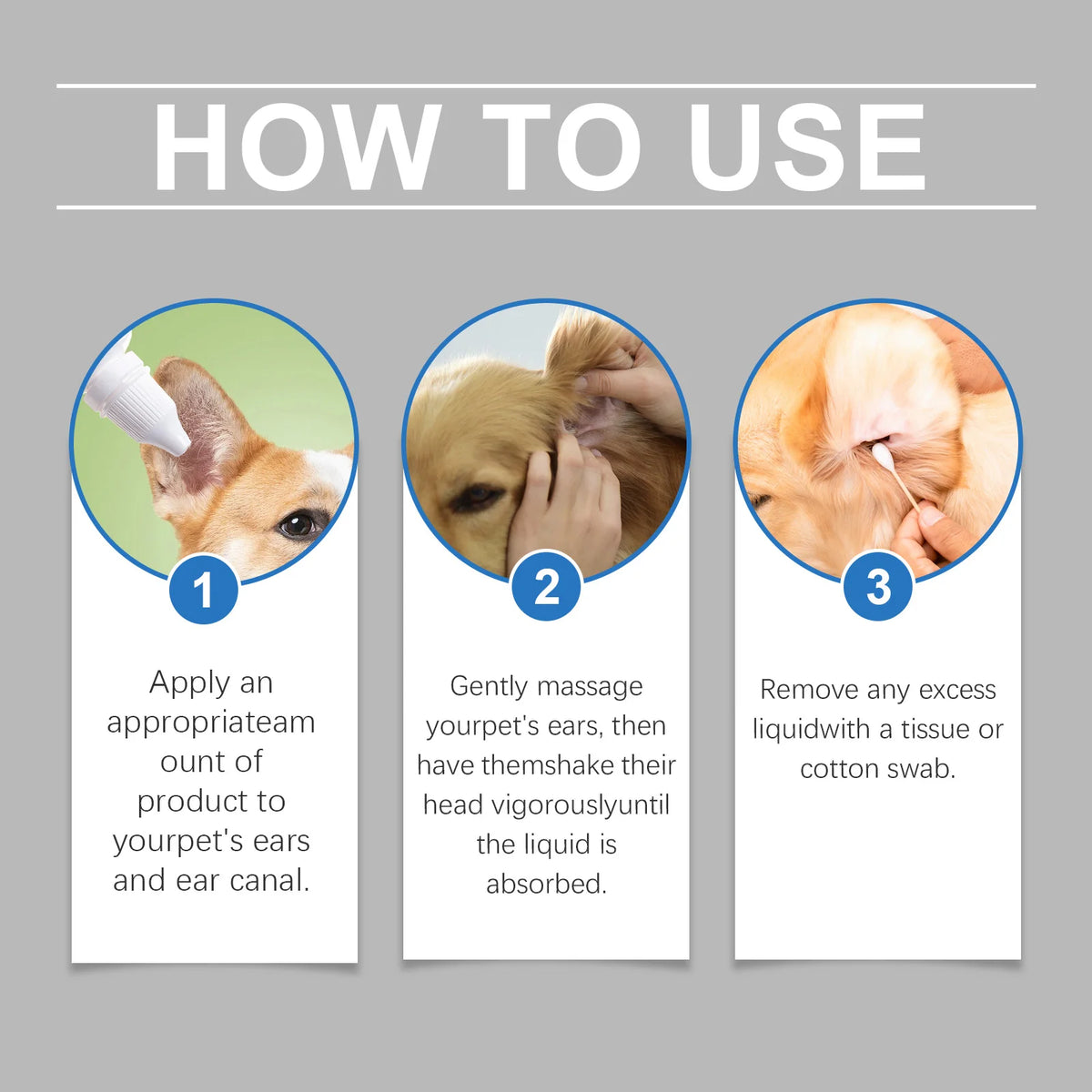 Instructions for using natural pet ear cleaning drops for dogs and cats, showing steps to apply, massage, and remove excess l