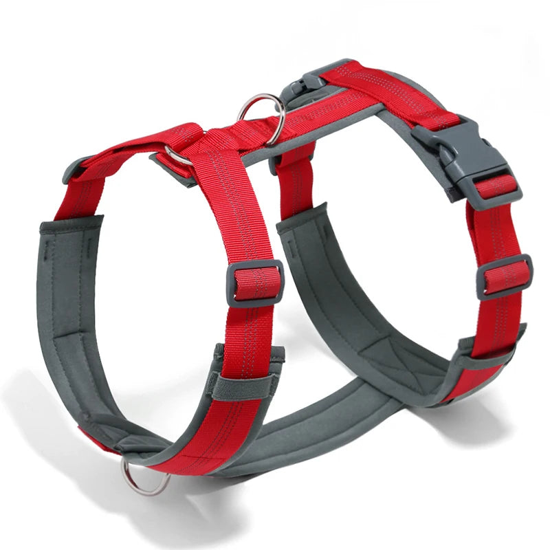 A red and gray adjustable dog harness with an H-shaped design shown against a white background.