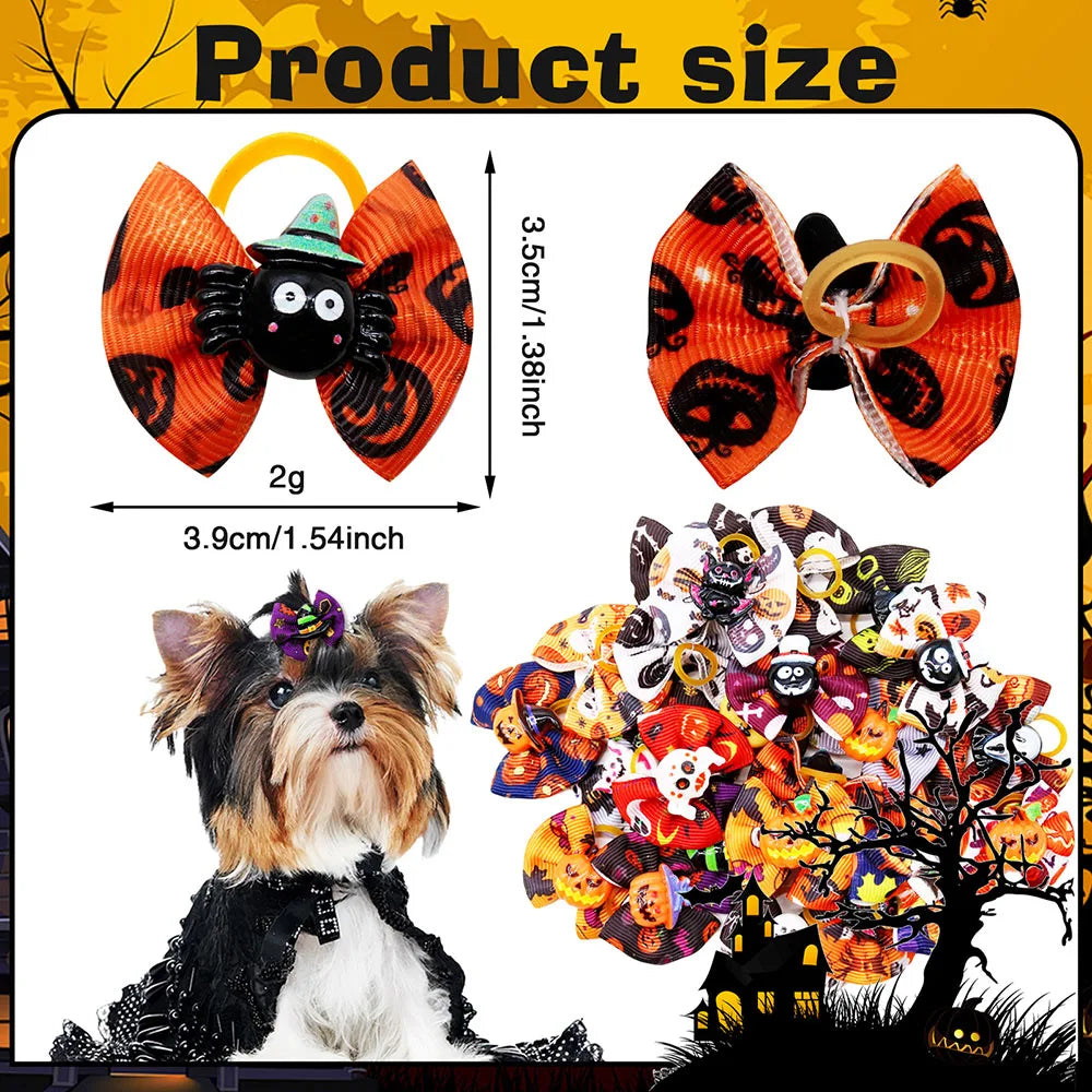 Halloween Pumpkin Print Dog Hair Bows with Rubber Bands