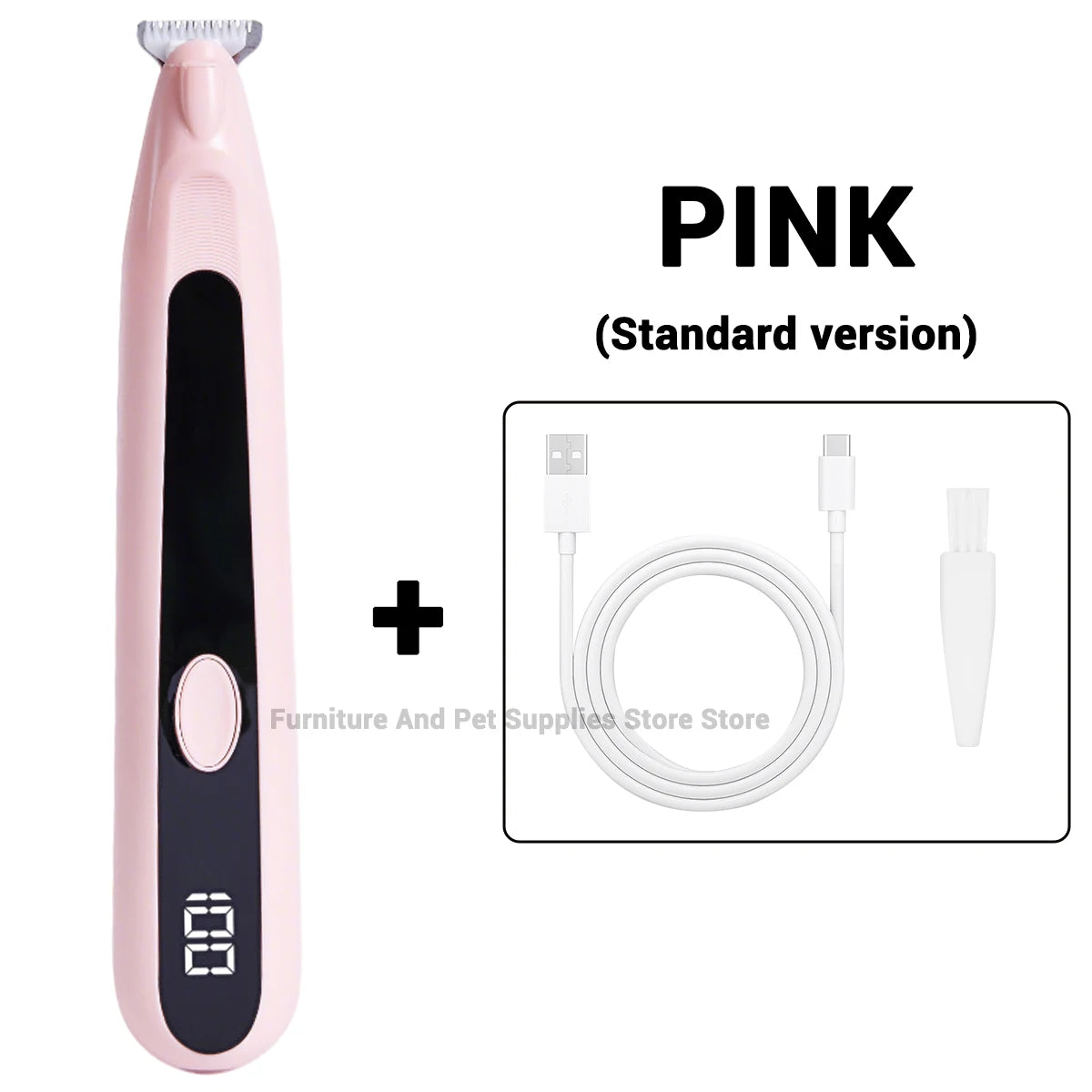 Pinke Standardversion eines Haartrimmers für Haustiere mit LED-Licht und Ladekabel.