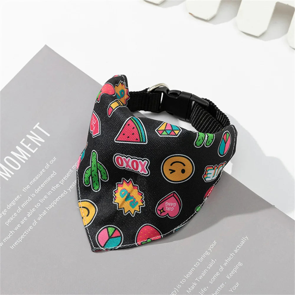 Black printed pet collar with a colorful fabric bandana for small dogs and cats