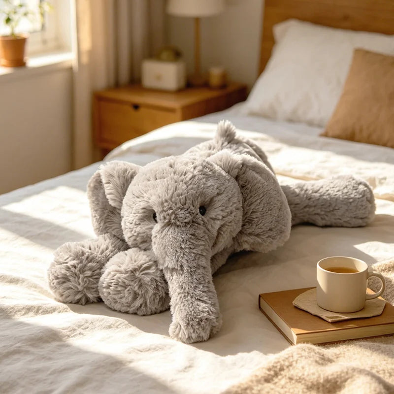 A gray elephant plush toy lying on a white bed sheet next to a cup of tea.