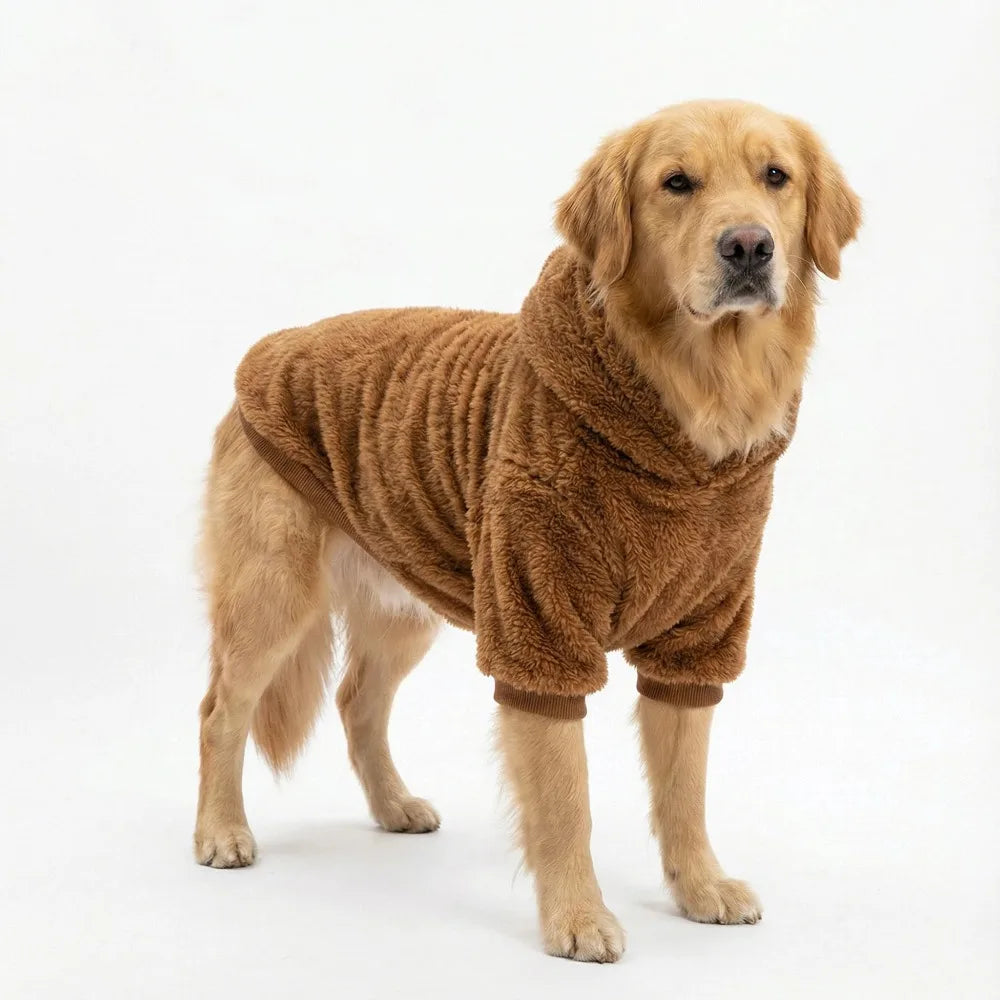 Un golden retriever portant un manteau en fausse fourrure marron, debout sur un fond blanc.