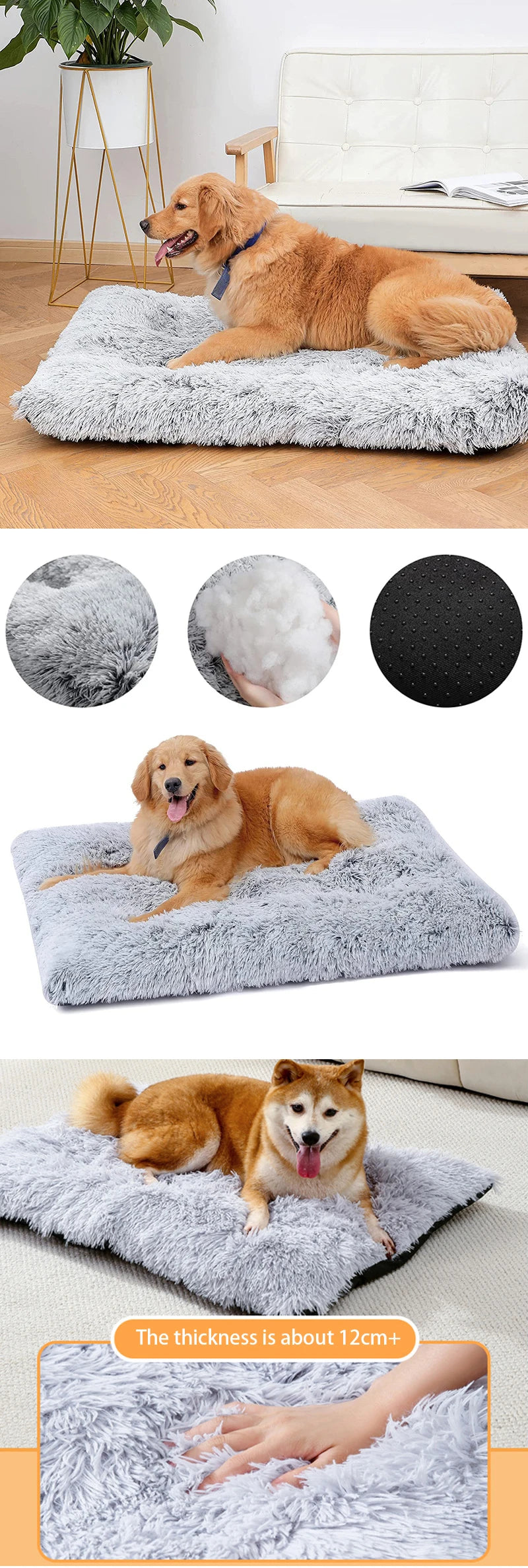 A fluffy orange dog is relaxing on a thick gray plush pet bed mat with a non-slip base.