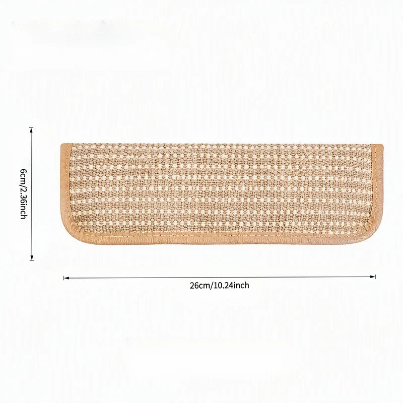 A rectangular jute scratching pad for cats with a light tan color and visible stitching.