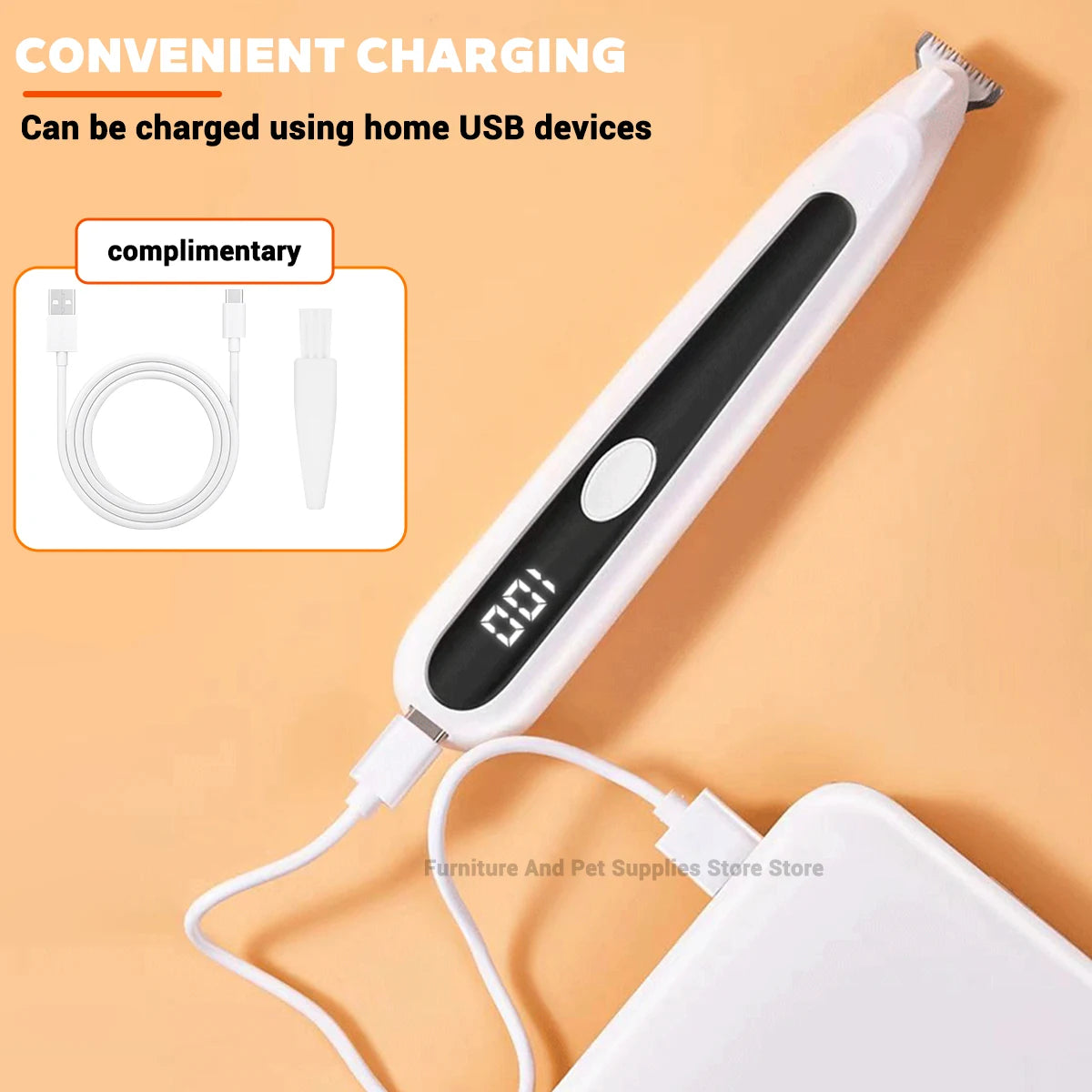 Weißer Haartrimmer für Haustiere mit Ladekabel und weißem Zubehör auf orangefarbenem Hintergrund.