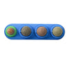A blue plastic toy with three circular compartments containing different colored catnip balls.