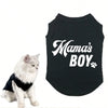 Black pet vest featuring white text that reads Mama's BOY on the front