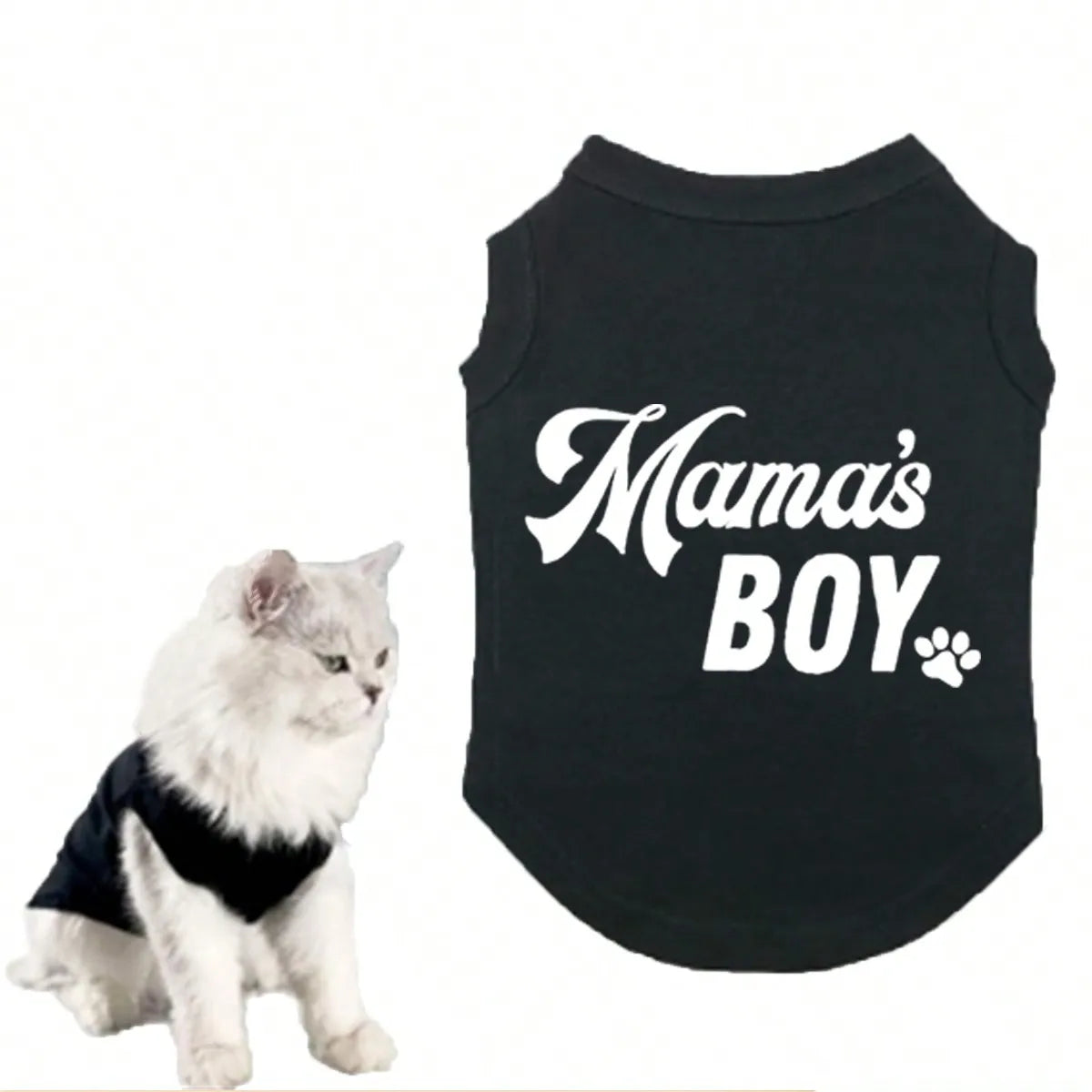 Black pet vest featuring white text that reads Mama's BOY on the front