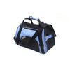 A portable foldable pet carrier for cats, dogs, and puppies in blue and black fabric.