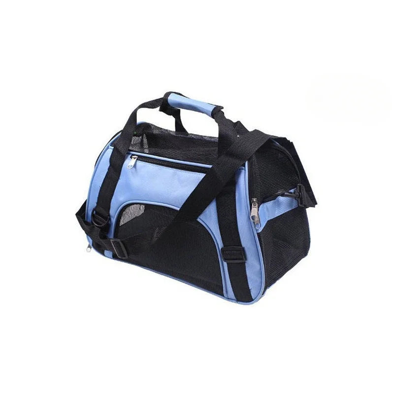 A portable foldable pet carrier for cats, dogs, and puppies in blue and black fabric.