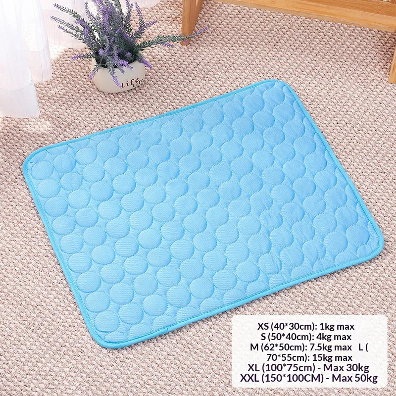 Light blue quilted instant cooling pet mat for dogs and cats with size options