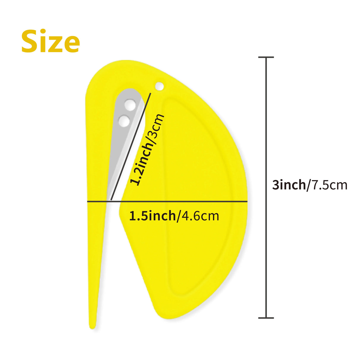 Yellow pet deshedding and knot removal tool showing various size measurements.