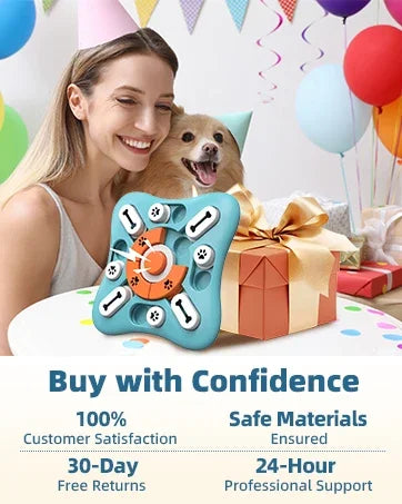 A woman is holding an interactive dog puzzle toy for mental stimulation and slow feeding, featuring various puzzle pieces.