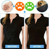 Before and after comparison showing reusable lint rollers for pet hair and laundry on a black shirt.