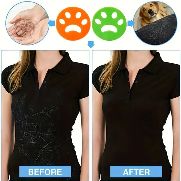 Before and after comparison showing reusable lint rollers for pet hair and laundry on a black shirt.