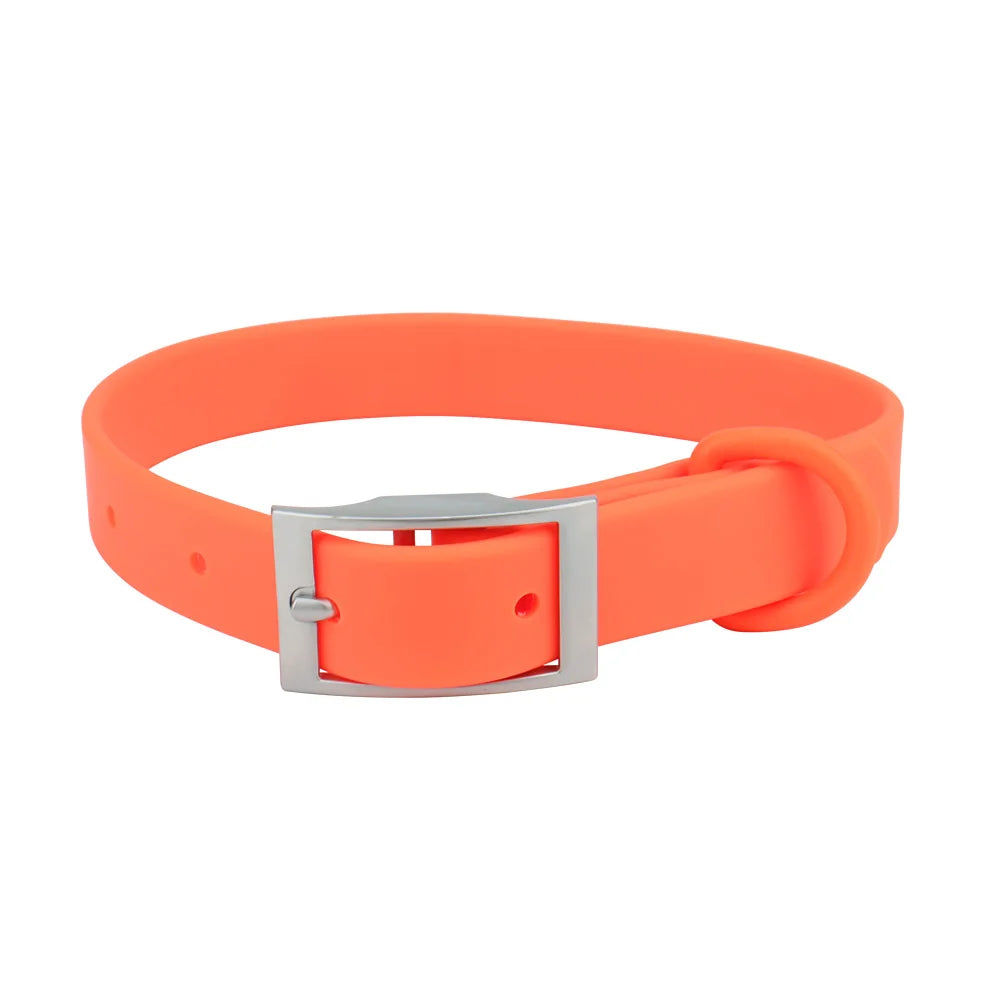 An orange adjustable PVC pet collar with a silver buckle shown against a white background.