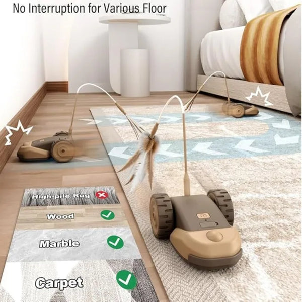 A motorized pet toy car with a feather wand is shown cleaning various floor types like wood, marble, and carpet.