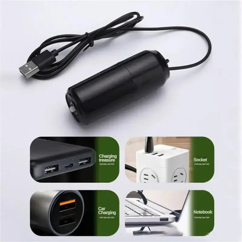 A black USB-powered silent aquarium air pump with a cord, showing various usage contexts like socket and notebook.