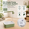 A green electric pump system for a bird bath, featuring an adjustable spray mechanism and a power cord.