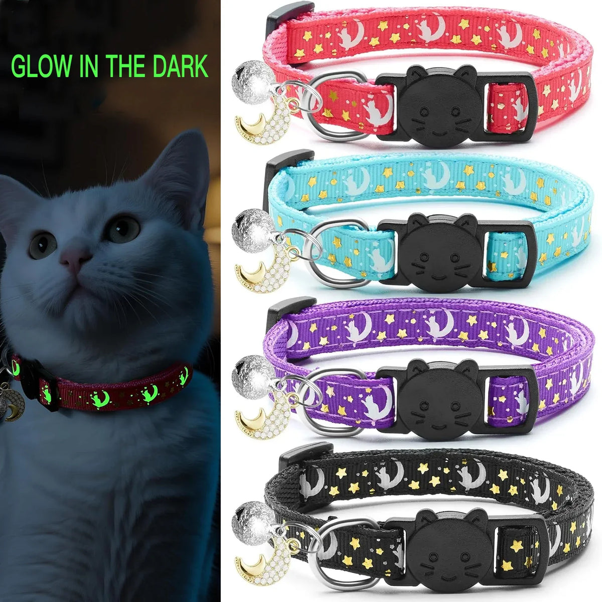 A set of glow-in-the-dark breakaway cat collars in pink, blue, purple, and black featuring moon pendants and bells.