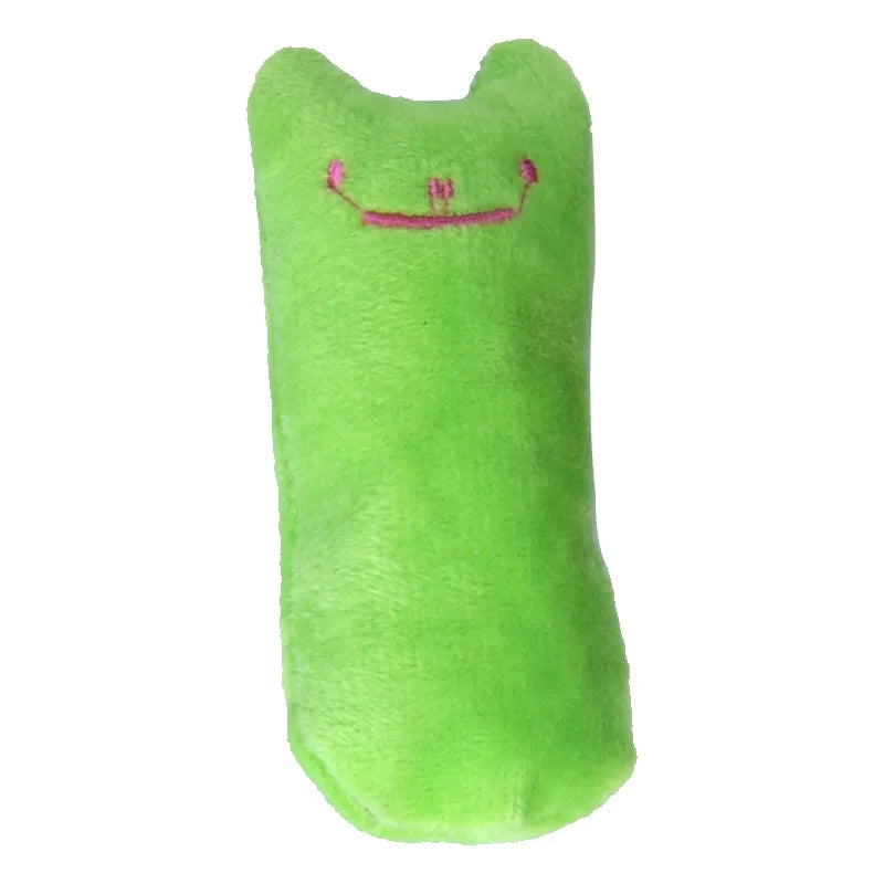 Helles limettengrünes Plüschtier in Form einer Katze mit lächelndem Gesicht.
