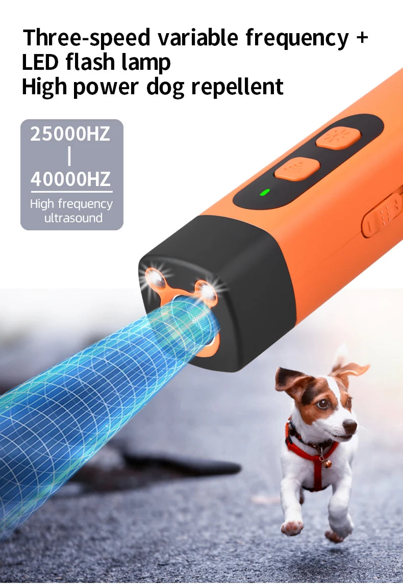 An orange ultrasonic dog repeller device emitting a blue frequency beam towards a dog.