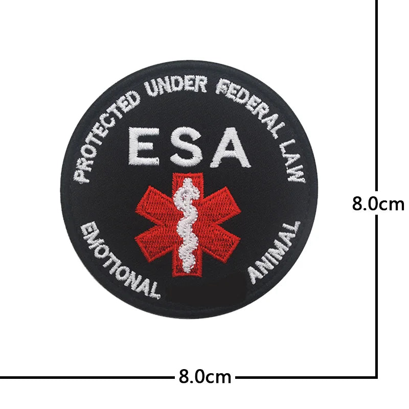 Black embroidered patch for service dog training with text including ESA and Federal Law