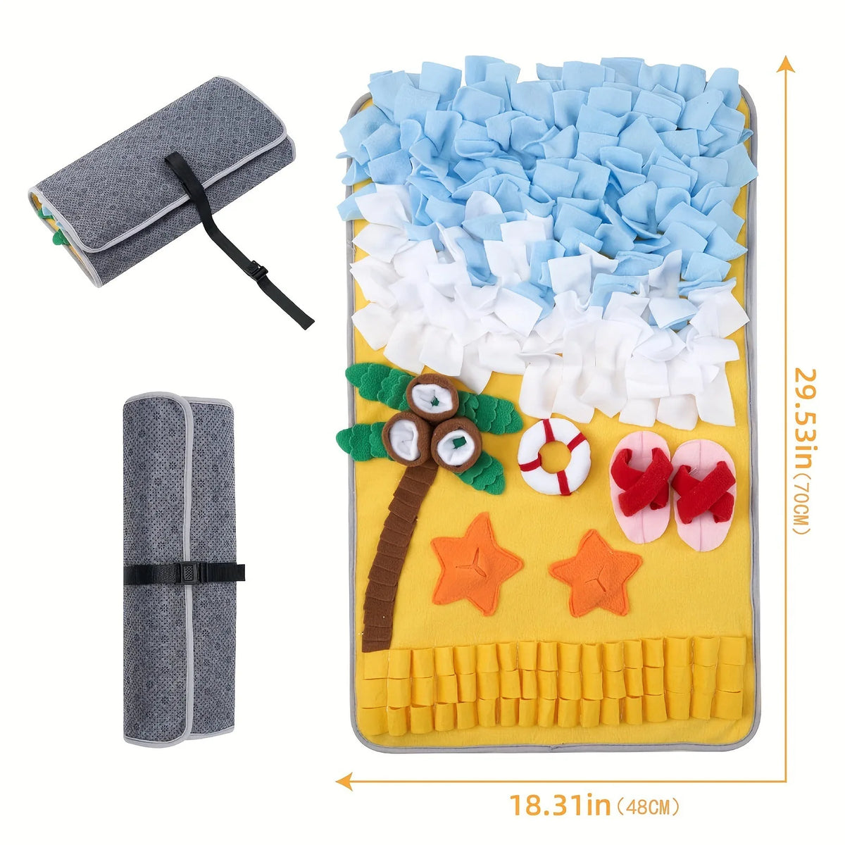 A yellow blanket with a patriotic design featuring blue and white fabric folds for dog sniffing training.