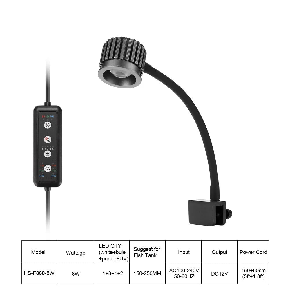 Full Spectrum Clip-On Aquarium LED Light with 24/7 Timer featuring a metal housing and flexible arm.