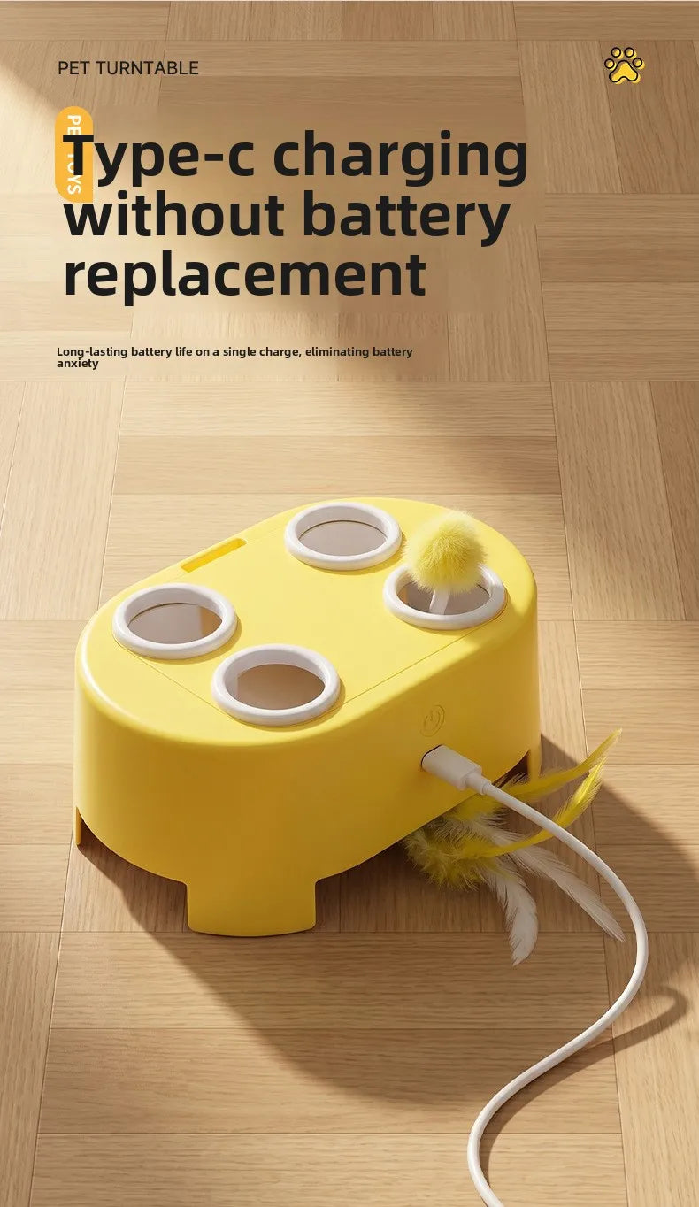 A yellow pet turntable device is shown on a wooden floor, demonstrating type-c charging without battery replacement.