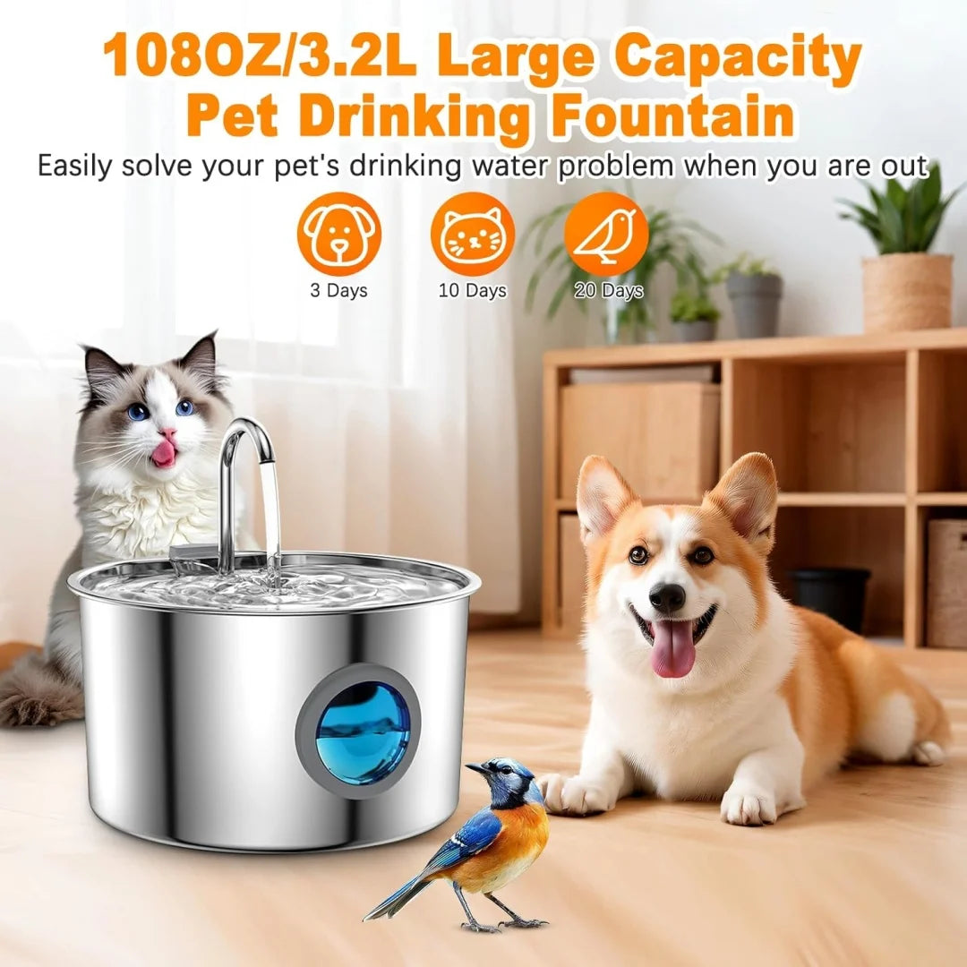 Stainless steel automatic cat water fountain with filter for pet drinking