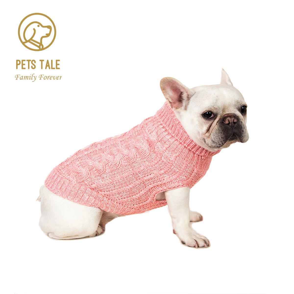 A light pink knitted sweater for a French Bulldog dog, shown in a studio setting.