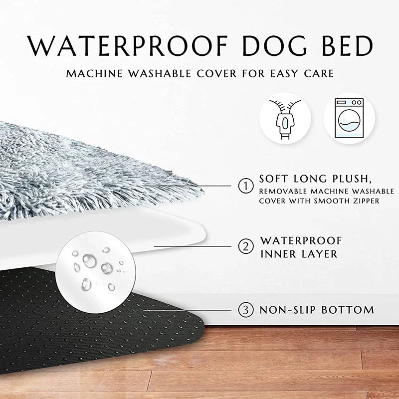 A waterproof dog bed featuring a soft plush cover, inner layer, and non-slip bottom on a wooden floor.