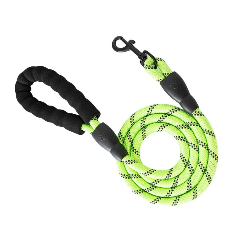 A bright lime green reflective dog leash with a black padded handle and durable nylon rope.
