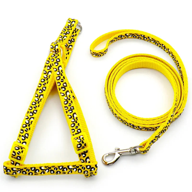 Yellow leopard print adjustable dog harness and leash set