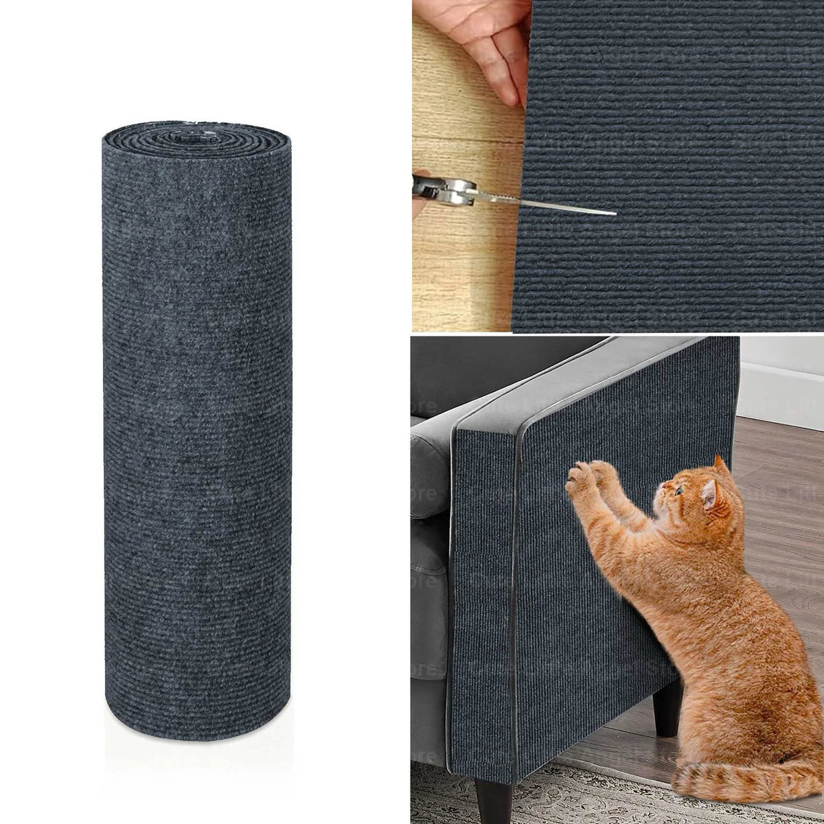 Rouleau de tapis protecteur anti-rayures autocollant pour chats, gros plan et utilisation sur un meuble.