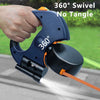 A hand holds a blue retractable dog leash with an LED light and waste bag holder, demonstrating its 360-degree swivel feature