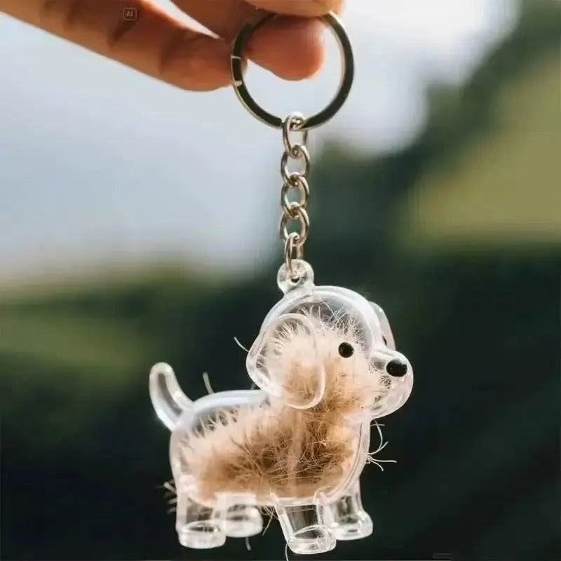 Klares Silikon-Anhänger mit einer kleinen, flauschigen Hundfigur aus Tierhaare.