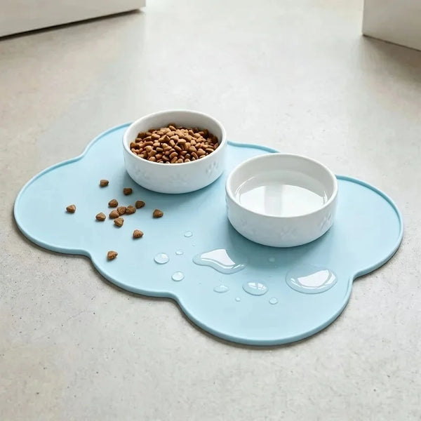 A light blue silicone pet feeding mat with raised edges holds a white bowl of dry kibble and a small bowl of water.