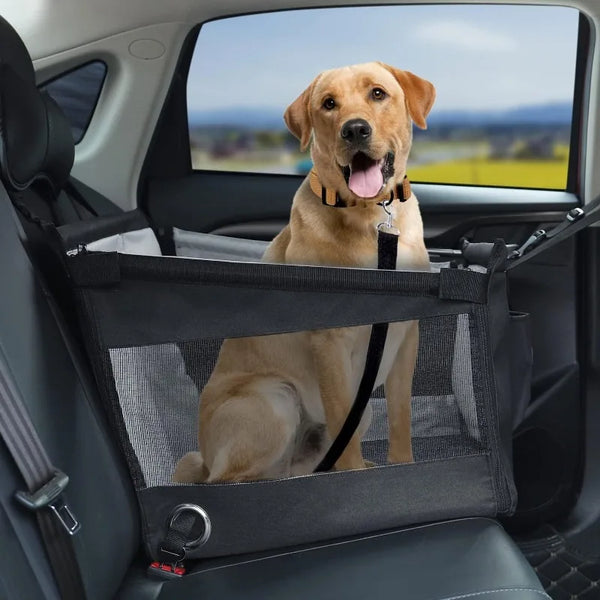 A golden retriever sits inside a black portable waterproof dog carrier secured in the back seat of a car.
