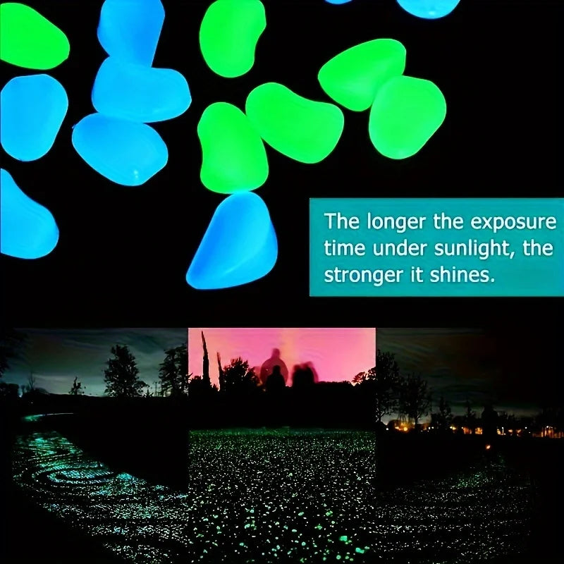 A collection of glowing green and blue stones illuminating a dark landscape at night.