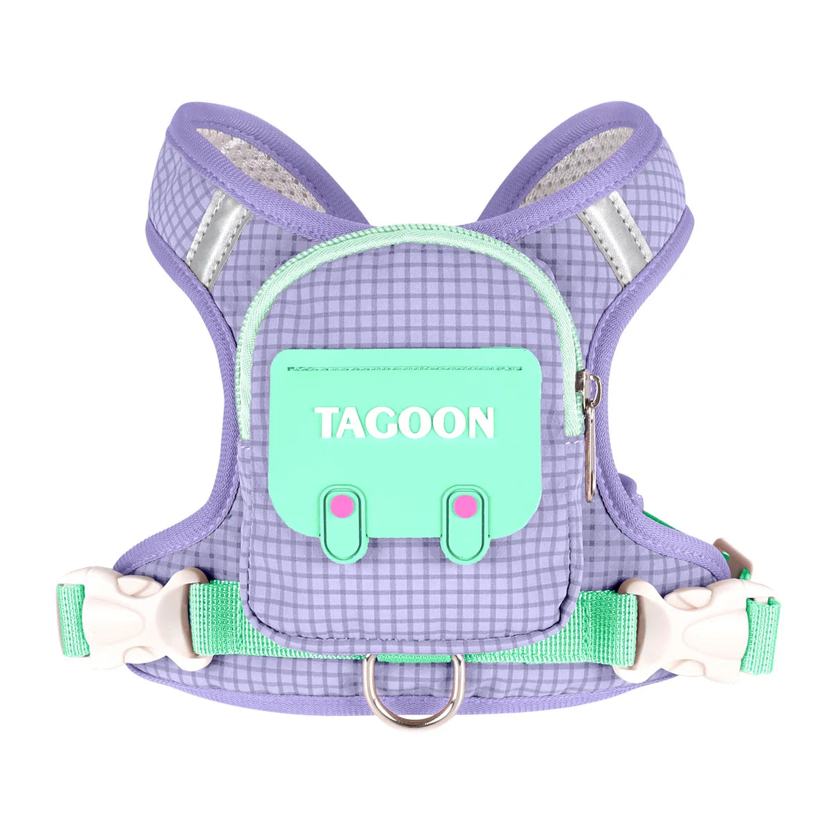 Purple pet backpack harness with a light green tag and gray straps.