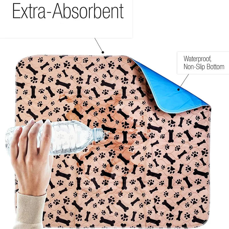 A hand is holding a clear plastic bottle over a patterned dog pee pad that is waterproof and non-slip.