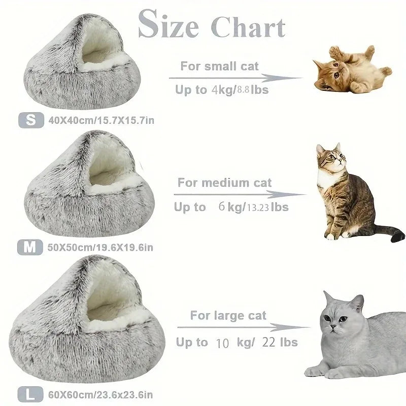 Winter Plush Round Cat Bed 2-in-1 Warm Cat House